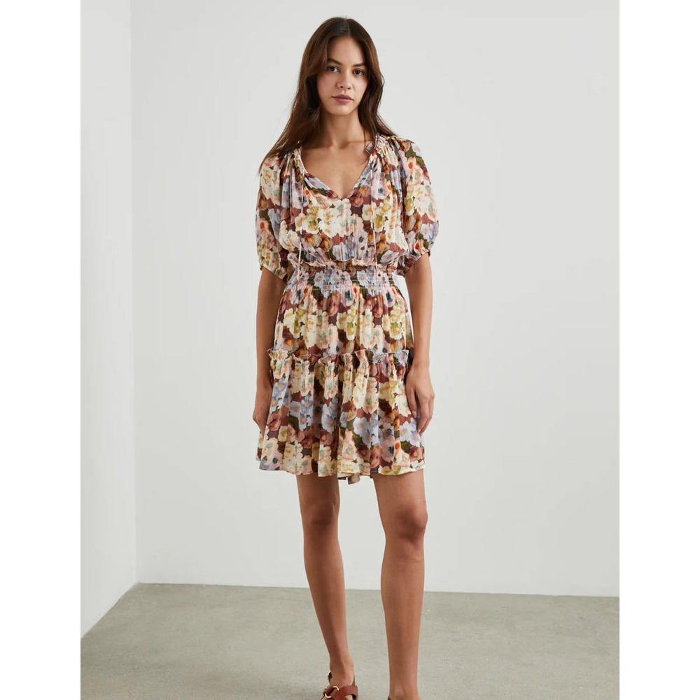 Rails Women Small Fiorella Floral Tie Neck Mini Dress Mauve Yellow NWT